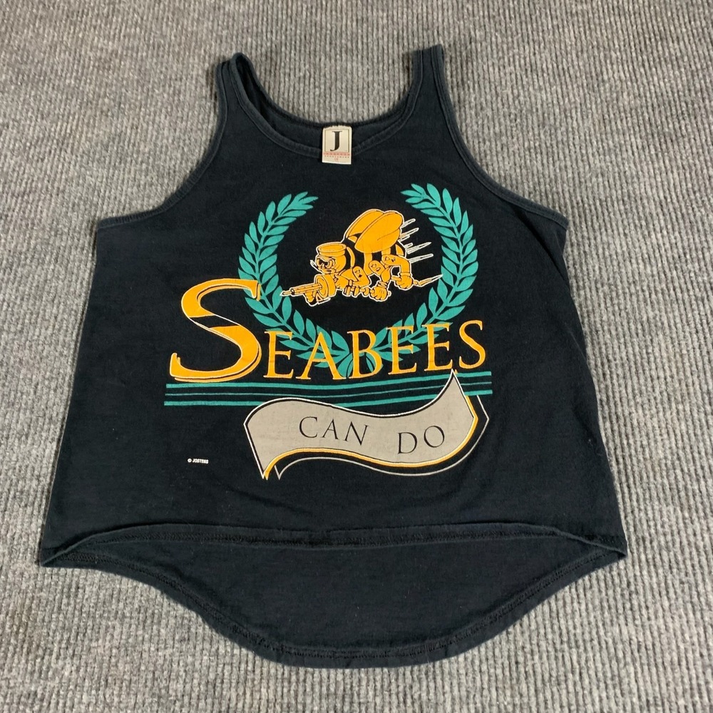 VTG Jostens T Shirt Mens Large Black‎ Tank Top Seebees Can Do USN US Navy Retro